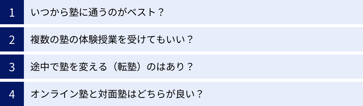 いつから塾に通うのがベスト？、複数の塾の体験授業を受けてもいい？、途中で塾を変える（転塾）のはあり？、オンライン塾と対面塾はどちらが良い？