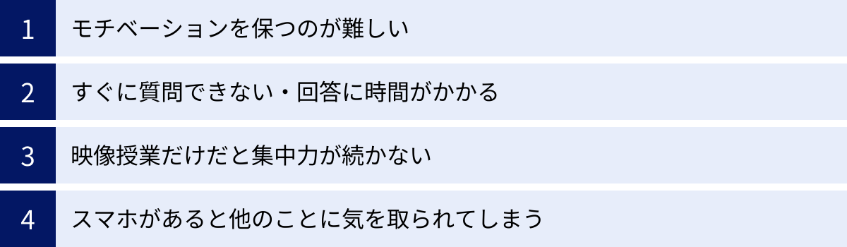 モチベーションを保つのが難しい、すぐに質問できない・回答に時間がかかる、映像授業だけだと集中力が続かない、スマホがあると他のことに気を取られてしまう