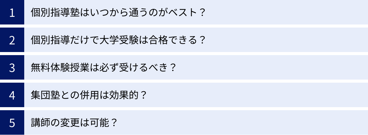 個別指導塾はいつから通うのがベスト？、個別指導だけで大学受験は合格できる？、無料体験授業は必ず受けるべき？、集団塾との併用は効果的？、講師の変更は可能？