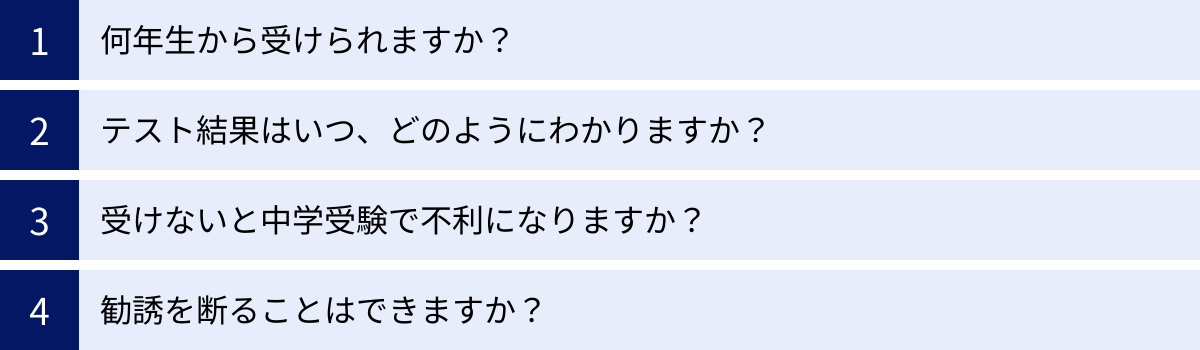 何年生から受けられますか？、テスト結果はいつ、どのようにわかりますか？、受けないと中学受験で不利になりますか？、勧誘を断ることはできますか？