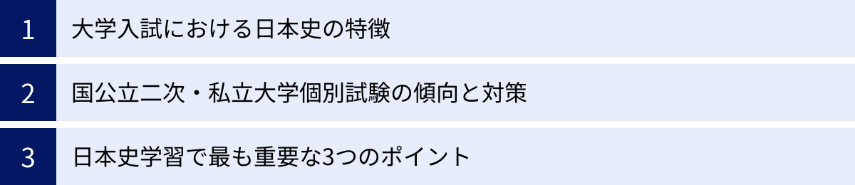 大学入試における日本史の特徴、国公立二次・私立大学個別試験の傾向と対策、日本史学習で最も重要な3つのポイント