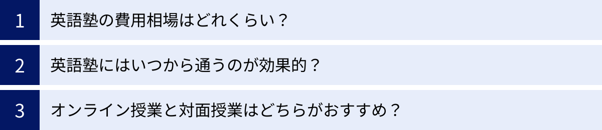 英語塾の費用相場はどれくらい？、英語塾にはいつから通うのが効果的？、オンライン授業と対面授業はどちらがおすすめ？