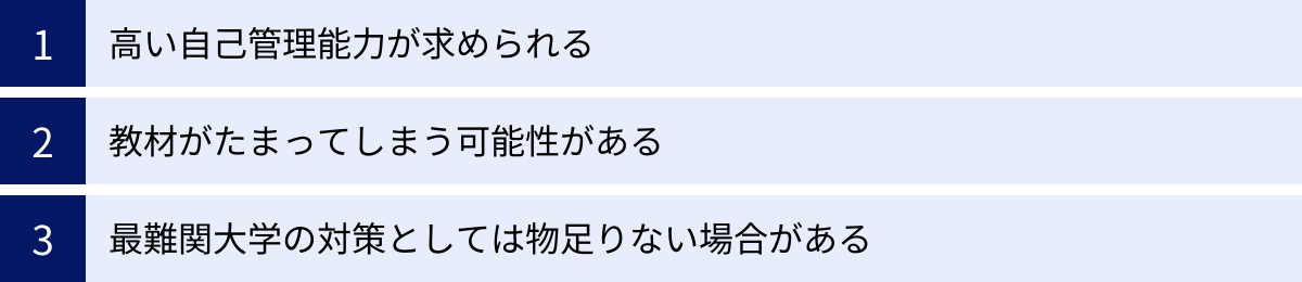 高い自己管理能力が求められる、教材がたまってしまう可能性がある、最難関大学の対策としては物足りない場合がある