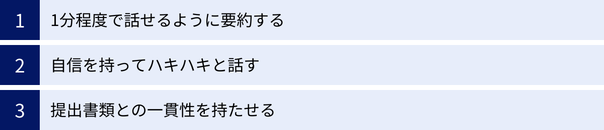 1分程度で話せるように要約する、自信を持ってハキハキと話す、提出書類との一貫性を持たせる