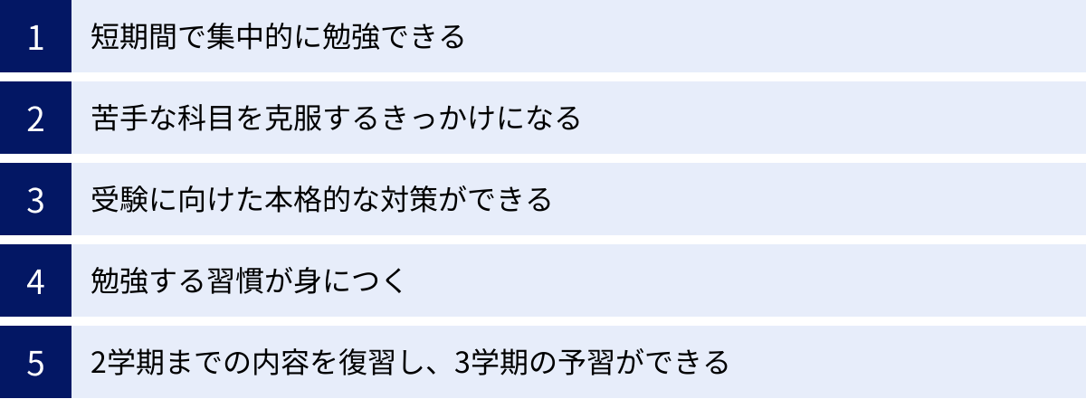短期間で集中的に勉強できる、苦手な科目を克服するきっかけになる、受験に向けた本格的な対策ができる、勉強する習慣が身につく、2学期までの内容を復習し、3学期の予習ができる