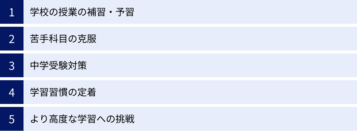 学校の授業の補習・予習、苦手科目の克服、中学受験対策、学習習慣の定着、より高度な学習への挑戦