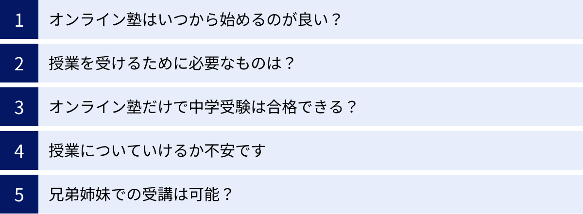 オンライン塾はいつから始めるのが良い？、授業を受けるために必要なものは？、オンライン塾だけで中学受験は合格できる？、授業についていけるか不安です、兄弟姉妹での受講は可能？