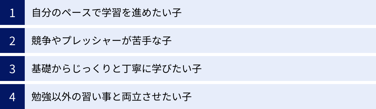 自分のペースで学習を進めたい子、競争やプレッシャーが苦手な子、基礎からじっくりと丁寧に学びたい子、勉強以外の習い事と両立させたい子
