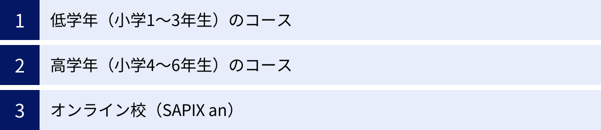 低学年（小学1〜3年生）のコース、高学年（小学4〜6年生）のコース、オンライン校（SAPIX an）