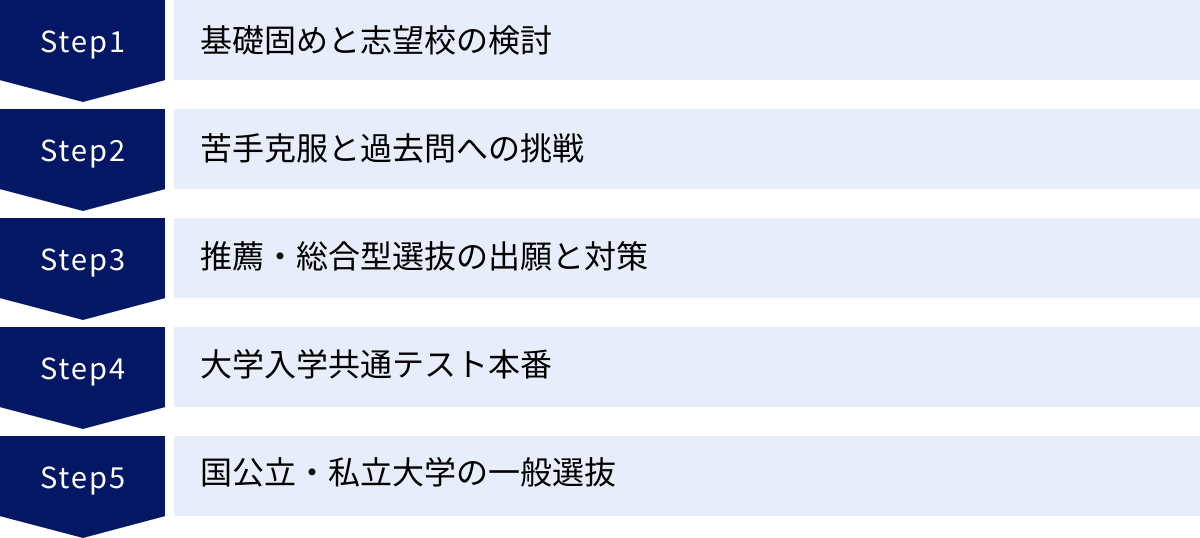 基礎固めと志望校の検討、苦手克服と過去問への挑戦、推薦・総合型選抜の出願と対策、大学入学共通テスト本番、国公立・私立大学の一般選抜
