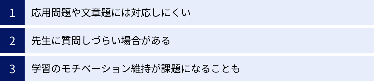 応用問題や文章題には対応しにくい、先生に質問しづらい場合がある、学習のモチベーション維持が課題になることも