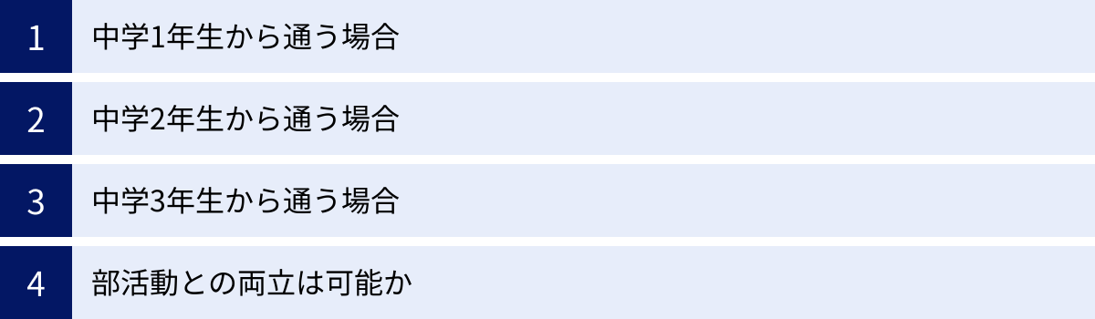 中学1年生から通う場合、中学2年生から通う場合、中学3年生から通う場合、部活動との両立は可能か