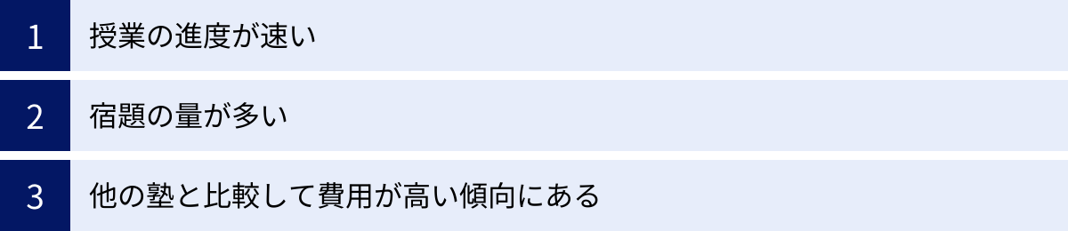 授業の進度が速い、宿題の量が多い、他の塾と比較して費用が高い傾向にある