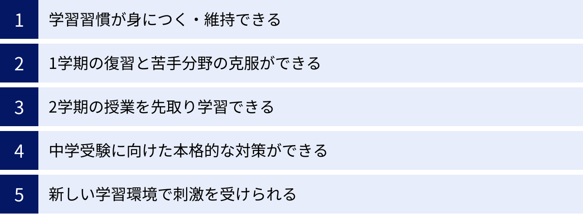 学習習慣が身につく・維持できる、1学期の復習と苦手分野の克服ができる、2学期の授業を先取り学習できる、中学受験に向けた本格的な対策ができる、新しい学習環境で刺激を受けられる