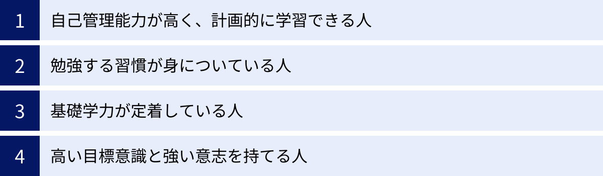 自己管理能力が高く、計画的に学習できる人、勉強する習慣が身についている人、基礎学力が定着している人、高い目標意識と強い意志を持てる人