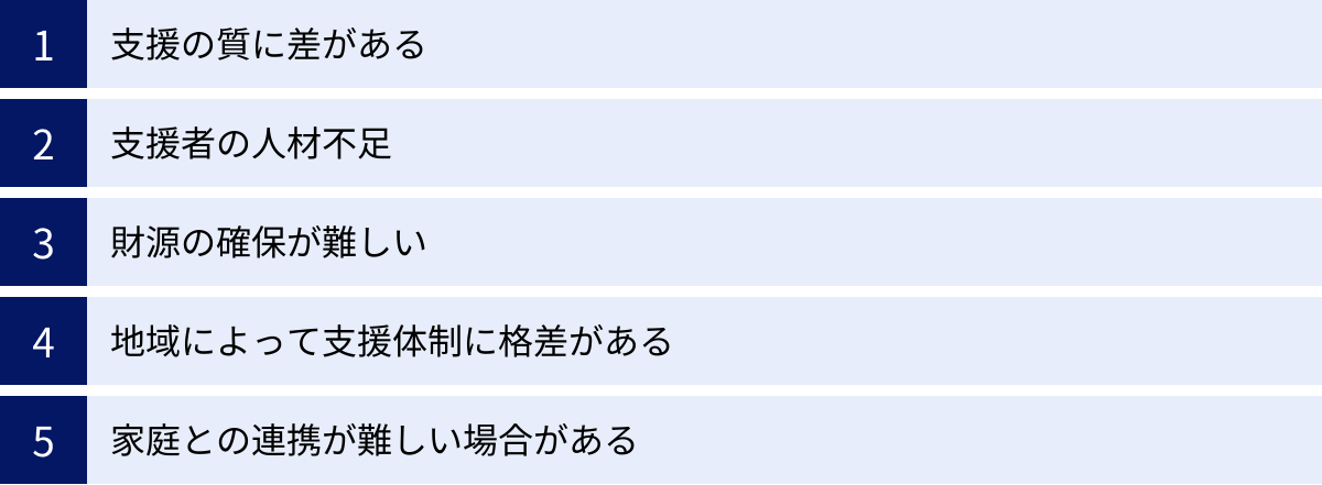 支援の質に差がある、支援者の人材不足、財源の確保が難しい、地域によって支援体制に格差がある、家庭との連携が難しい場合がある
