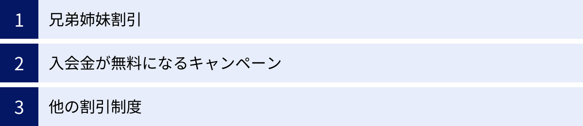 兄弟姉妹割引、入会金が無料になるキャンペーン、他の割引制度