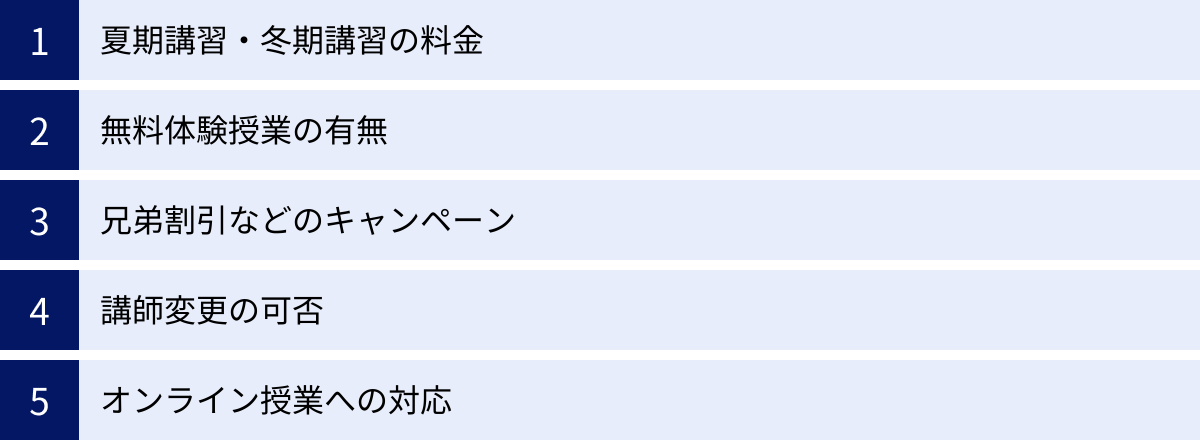 夏期講習・冬期講習の料金、無料体験授業の有無、兄弟割引などのキャンペーン、講師変更の可否、オンライン授業への対応