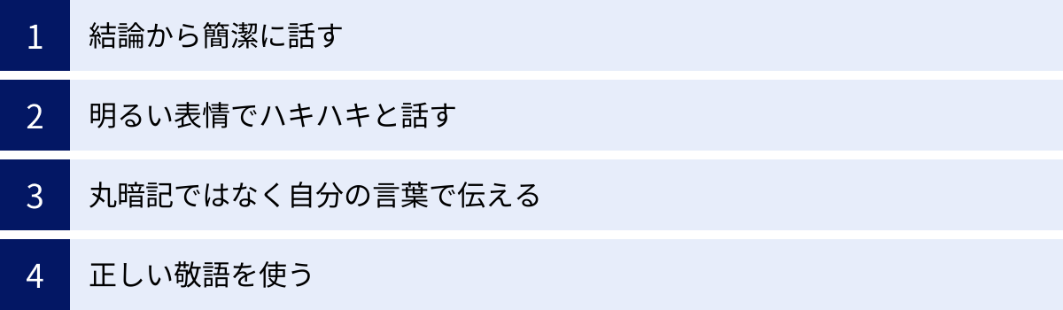 結論から簡潔に話す、明るい表情でハキハキと話す、丸暗記ではなく自分の言葉で伝える、正しい敬語を使う