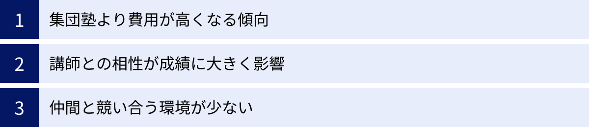 集団塾より費用が高くなる傾向、講師との相性が成績に大きく影響、仲間と競い合う環境が少ない