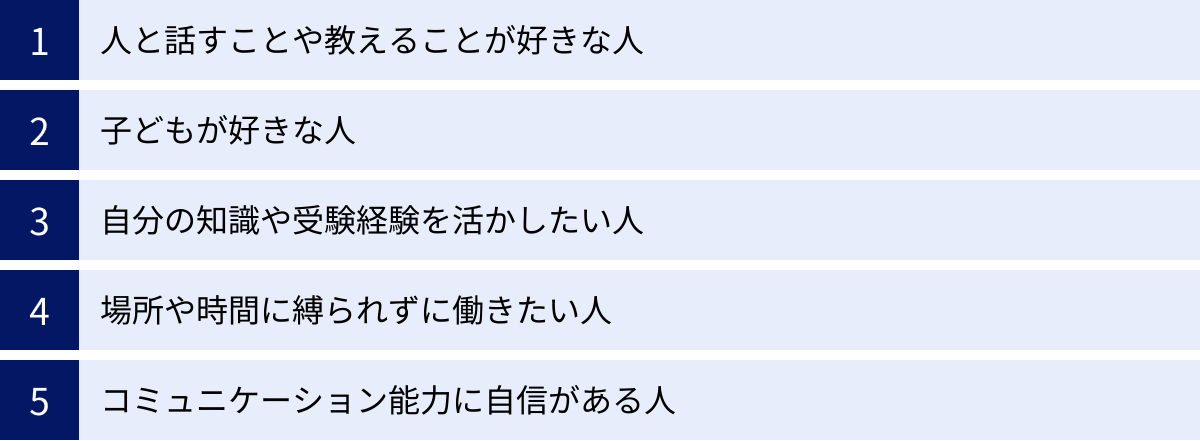 人と話すことや教えることが好きな人、子どもが好きな人、自分の知識や受験経験を活かしたい人、場所や時間に縛られずに働きたい人、コミュニケーション能力に自信がある人