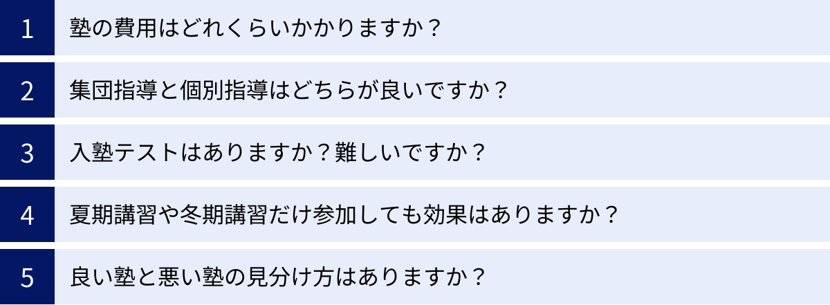 塾の費用はどれくらいかかりますか？、集団指導と個別指導はどちらが良いですか？、入塾テストはありますか？難しいですか？、夏期講習や冬期講習だけ参加しても効果はありますか？、良い塾と悪い塾の見分け方はありますか？
