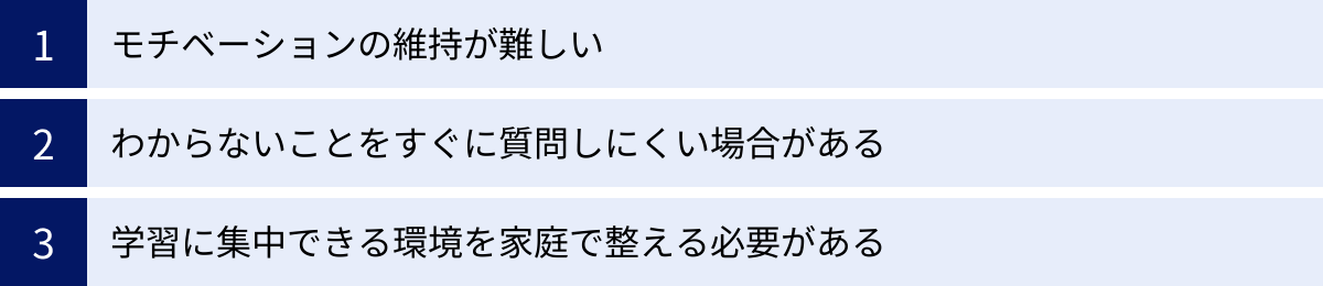 モチベーションの維持が難しい、わからないことをすぐに質問しにくい場合がある、学習に集中できる環境を家庭で整える必要がある