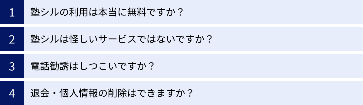 塾シルの利用は本当に無料ですか？、塾シルは怪しいサービスではないですか？、電話勧誘はしつこいですか？、退会・個人情報の削除はできますか？