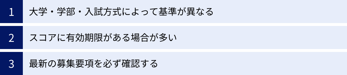 大学・学部・入試方式によって基準が異なる、スコアに有効期限がある場合が多い、最新の募集要項を必ず確認する