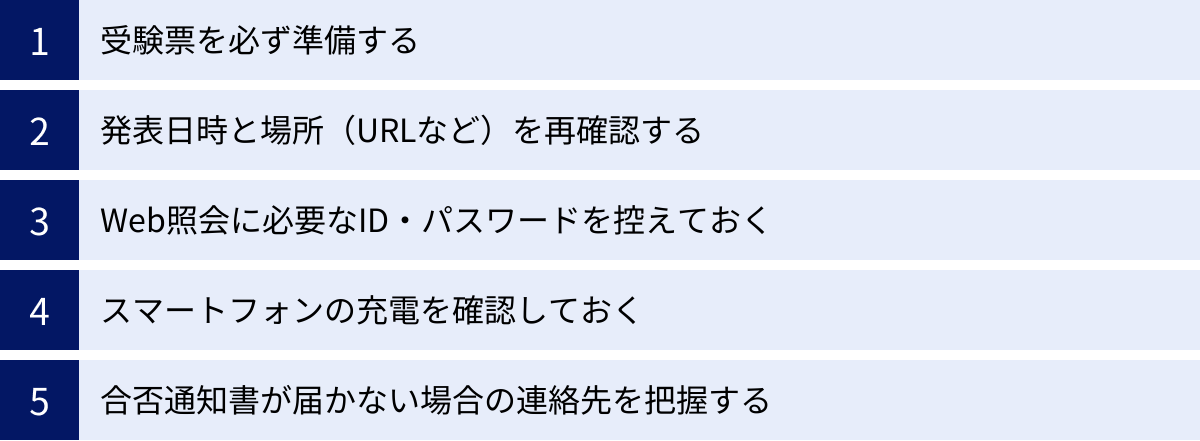 受験票を必ず準備する、発表日時と場所（URLなど）を再確認する、Web照会に必要なID・パスワードを控えておく、スマートフォンの充電を確認しておく、合否通知書が届かない場合の連絡先を把握する