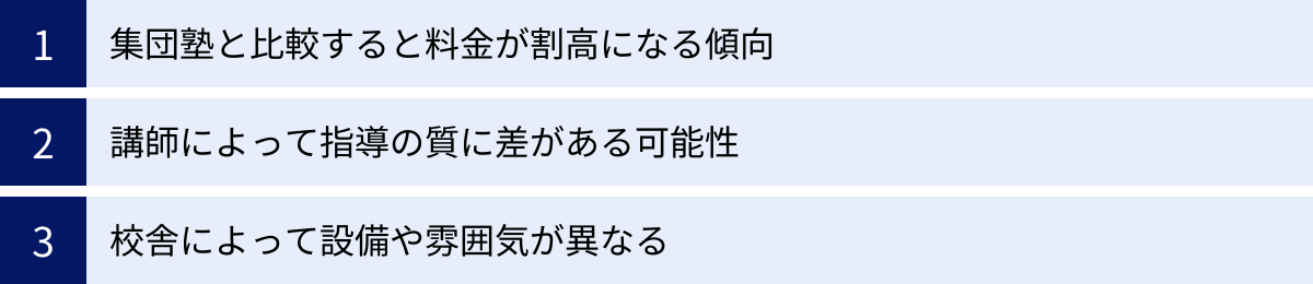 集団塾と比較すると料金が割高になる傾向、講師によって指導の質に差がある可能性、校舎によって設備や雰囲気が異なる