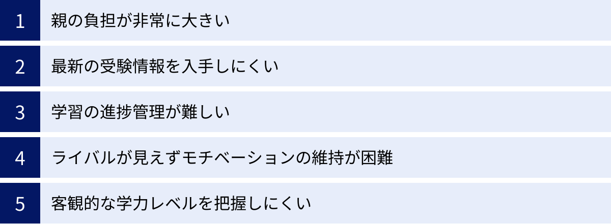 親の負担が非常に大きい、最新の受験情報を入手しにくい、学習の進捗管理が難しい、ライバルが見えずモチベーションの維持が困難、客観的な学力レベルを把握しにくい