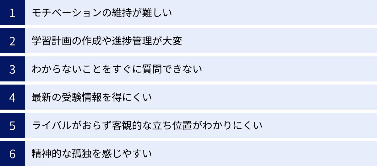 モチベーションの維持が難しい、学習計画の作成や進捗管理が大変、わからないことをすぐに質問できない、最新の受験情報を得にくい、ライバルがおらず客観的な立ち位置がわかりにくい、精神的な孤独を感じやすい