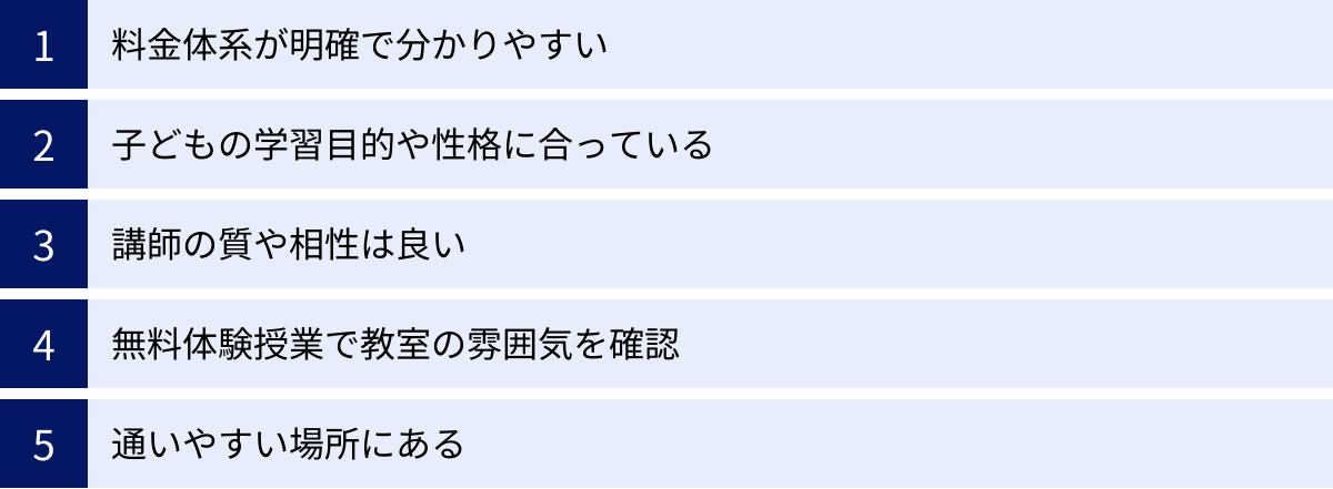 料金体系が明確で分かりやすい、子どもの学習目的や性格に合っている、講師の質や相性は良い、無料体験授業で教室の雰囲気を確認、通いやすい場所にある