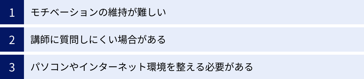 モチベーションの維持が難しい、講師に質問しにくい場合がある、パソコンやインターネット環境を整える必要がある