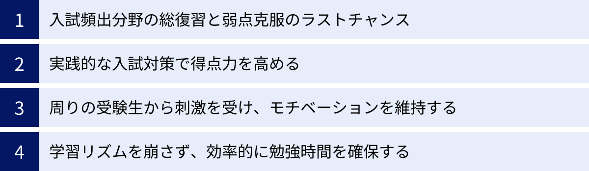 入試頻出分野の総復習と弱点克服のラストチャンス、実践的な入試対策で得点力を高める、周りの受験生から刺激を受け、モチベーションを維持する、学習リズムを崩さず、効率的に勉強時間を確保する