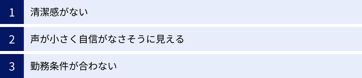 清潔感がない、声が小さく自信がなさそうに見える、勤務条件が合わない