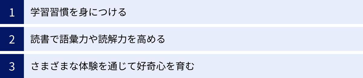 学習習慣を身につける、読書で語彙力や読解力を高める、さまざまな体験を通じて好奇心を育む
