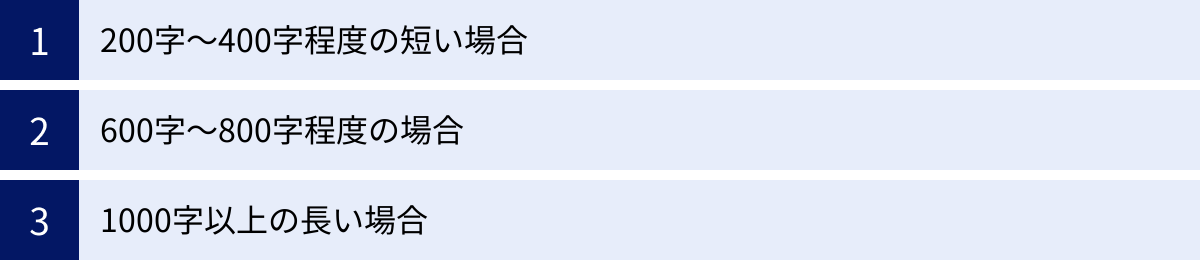 200字～400字程度の短い場合、600字～800字程度の場合、1000字以上の長い場合